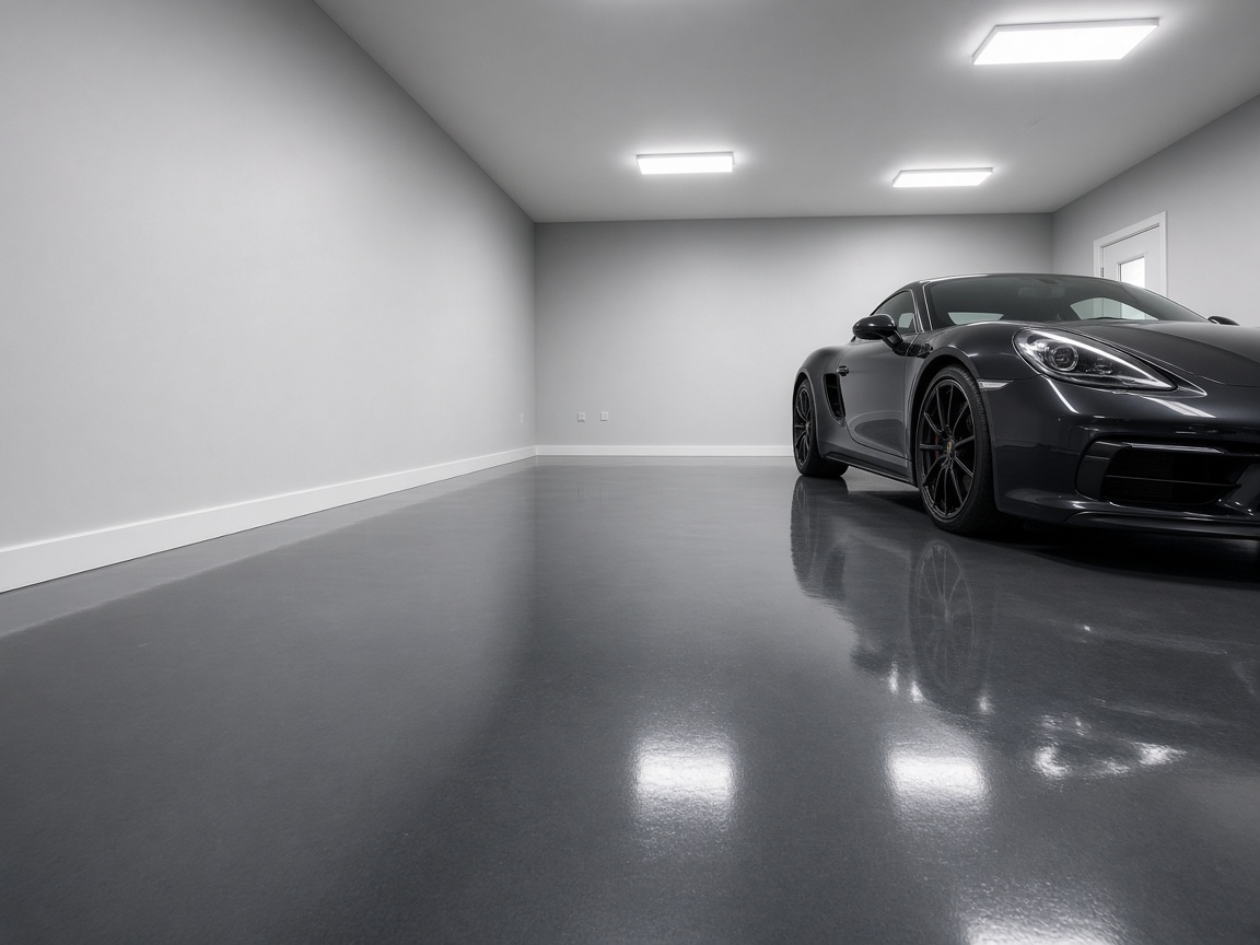 Garage met een glanzende antracietgrijze epoxy gietvloer
