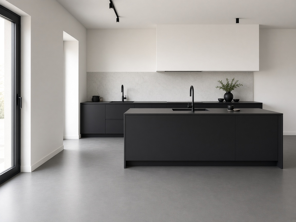 Moderne keuken met een grijze naadloze PU gietvloer