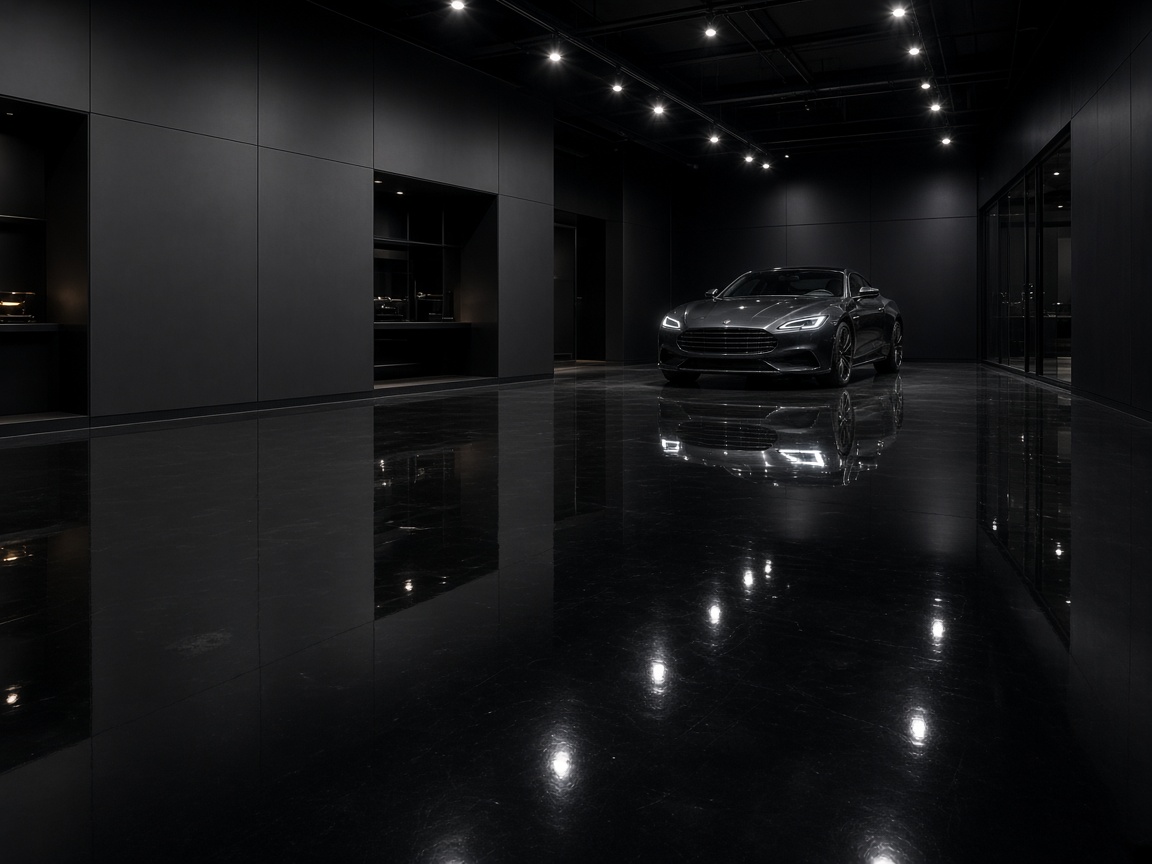Showroom met zwarte hoogglans epoxy gietvloer